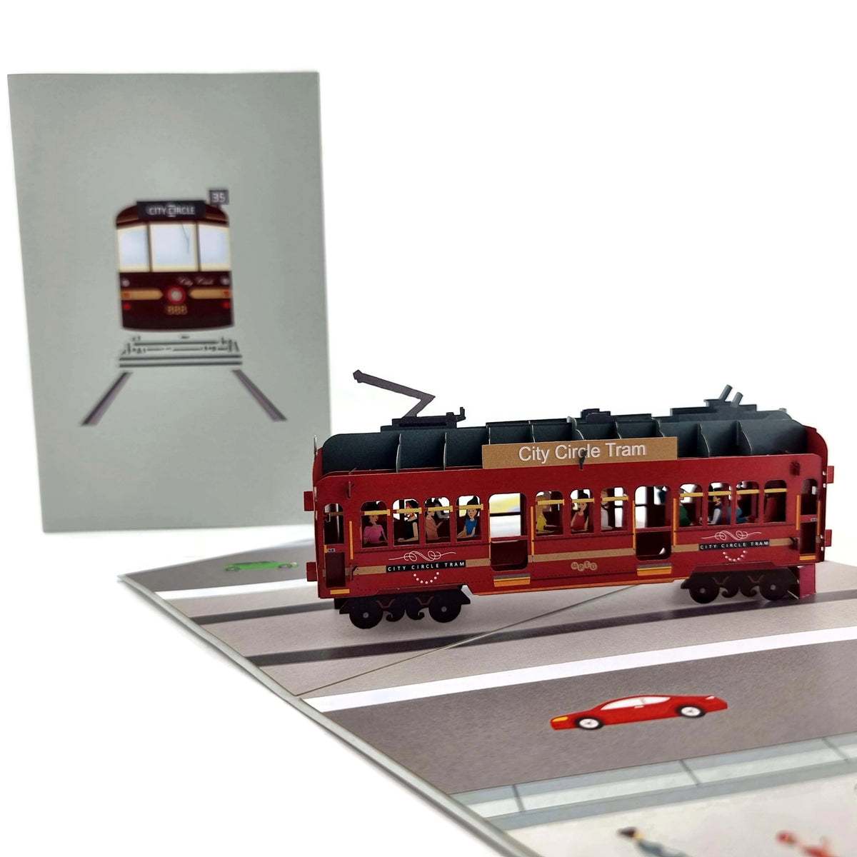 Color Pop Cards City Circle Tram pop-up card with 3D red tram and passengers, includes envelope.