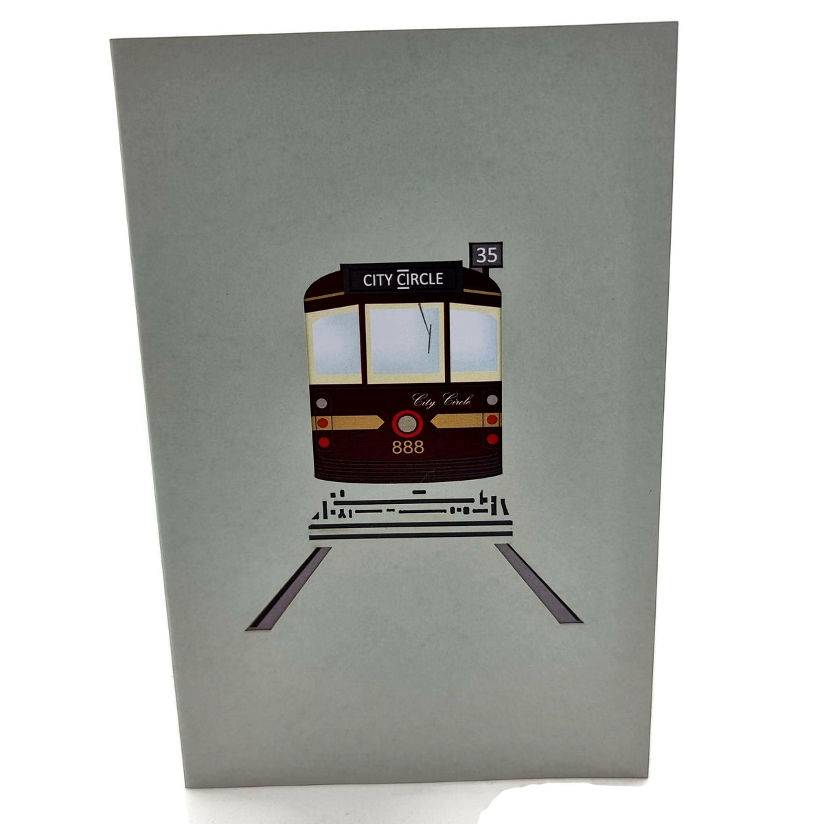 Color Pop Cards City Circle Tram pop-up card featuring a 3D Melbourne tram with passengers. Includes envelope.