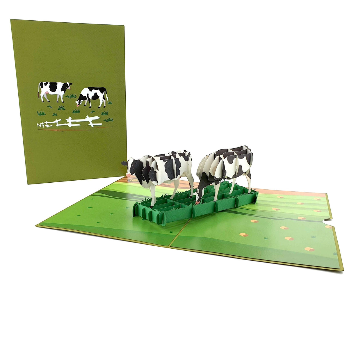 Color Pop Cards green pop-up card featuring two black and white cows grazing in a field. Includes envelope.