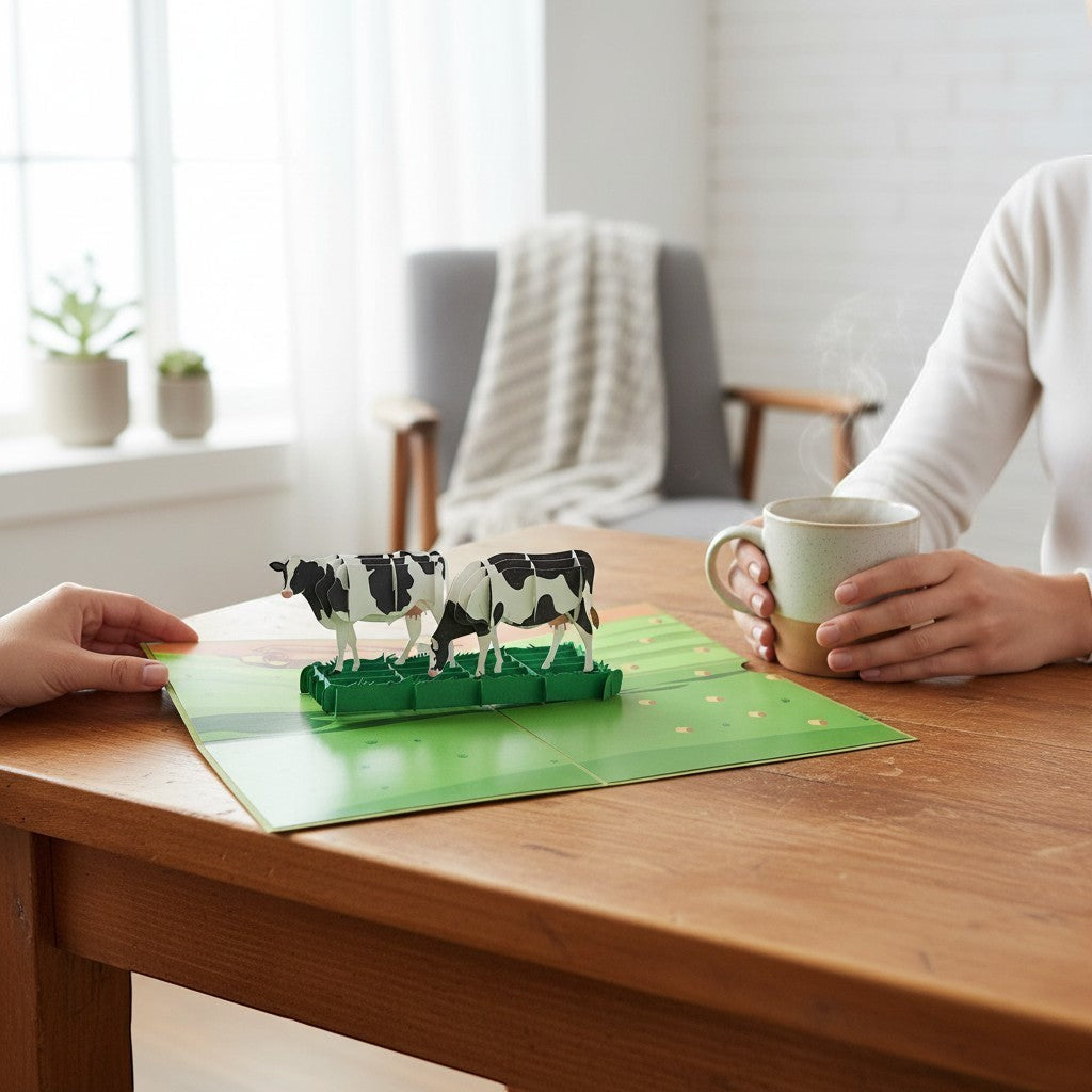 Color Pop Cards 3D pop up card featuring two black and white cows grazing on green grass. Includes envelope.