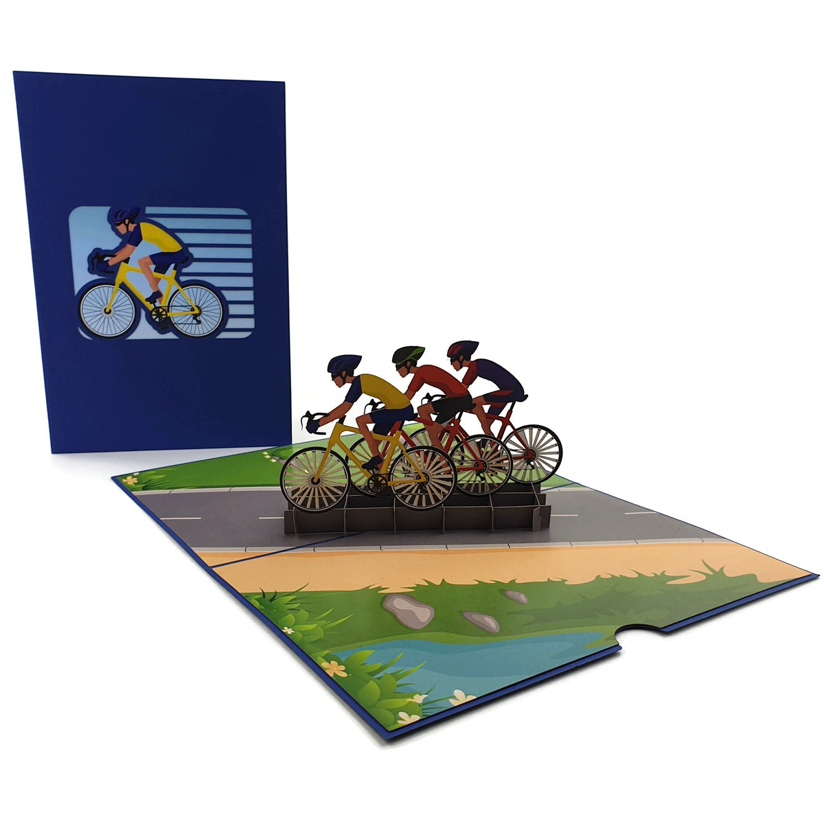 Color Pop Cards Cycling Race pop-up card with three cyclists on a road, blue cover with cyclist outline.