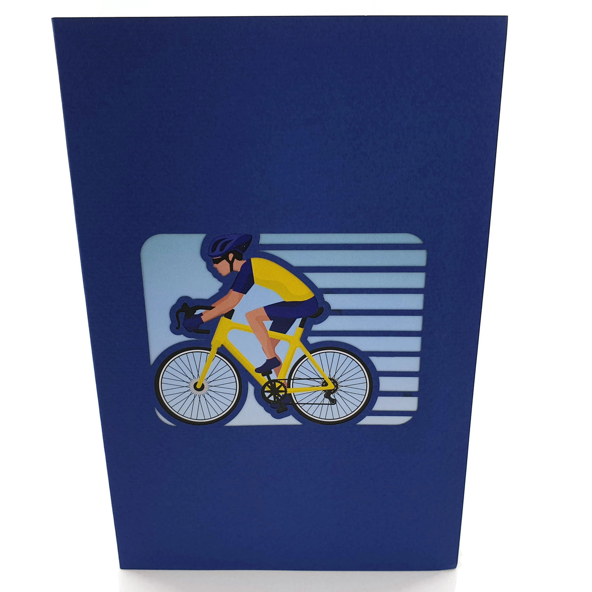 Color Pop Cards blue pop-up card featuring a cyclist in yellow and blue gear on a yellow bike.