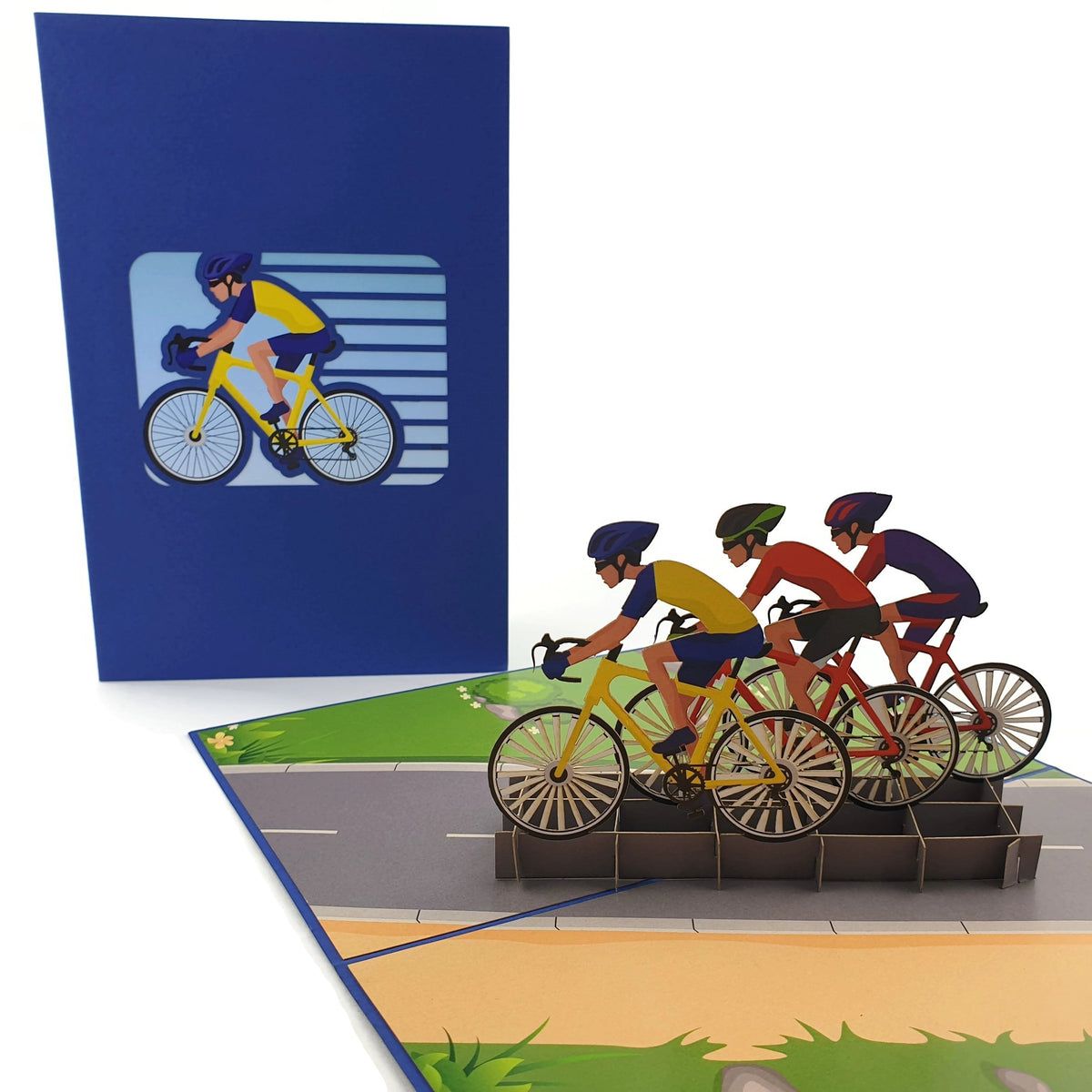 Color Pop Cards blue pop-up card featuring three cyclists in yellow, red, and purple racing on bikes.
