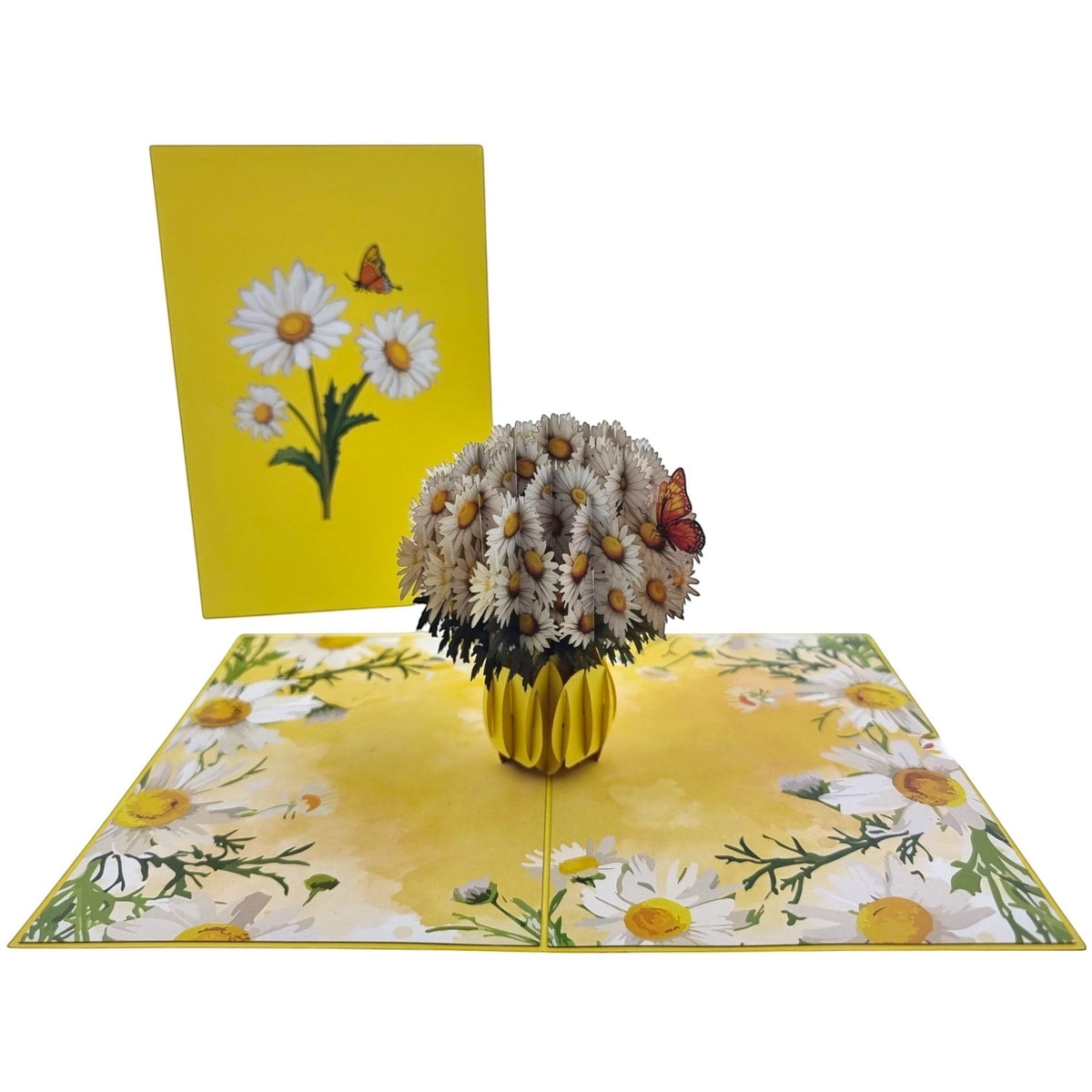 Color Pop Cards yellow pop-up card with a bouquet of white daisies in a yellow vase and orange butterflies.