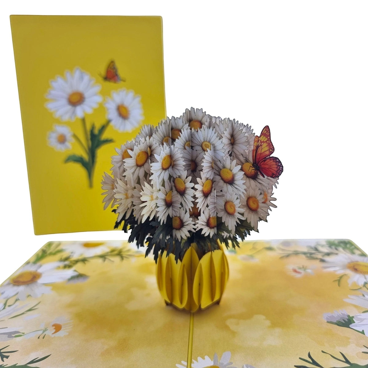 Color Pop Cards Daisy Bouquet Pop-Up Card with white daisies, yellow vase, and orange butterfly.