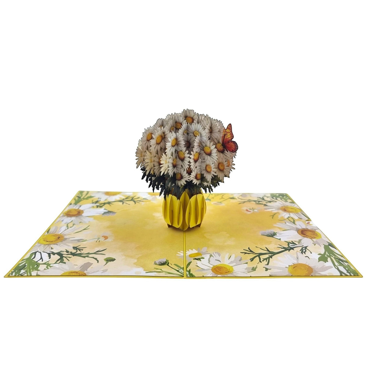 Color Pop Cards Daisy Bouquet Pop-Up Card with yellow vase and orange butterfly. White daisies on yellow background.