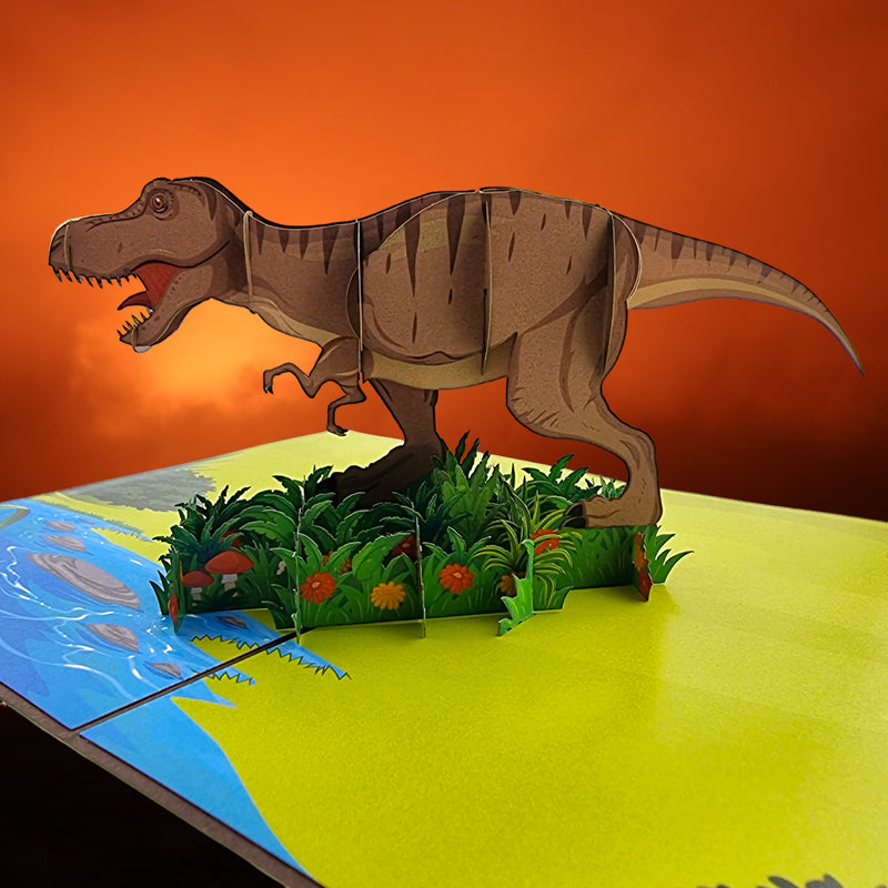 Color Pop Cards T-Rex dinosaur pop-up card with river and greenery. Cardstock construction.
