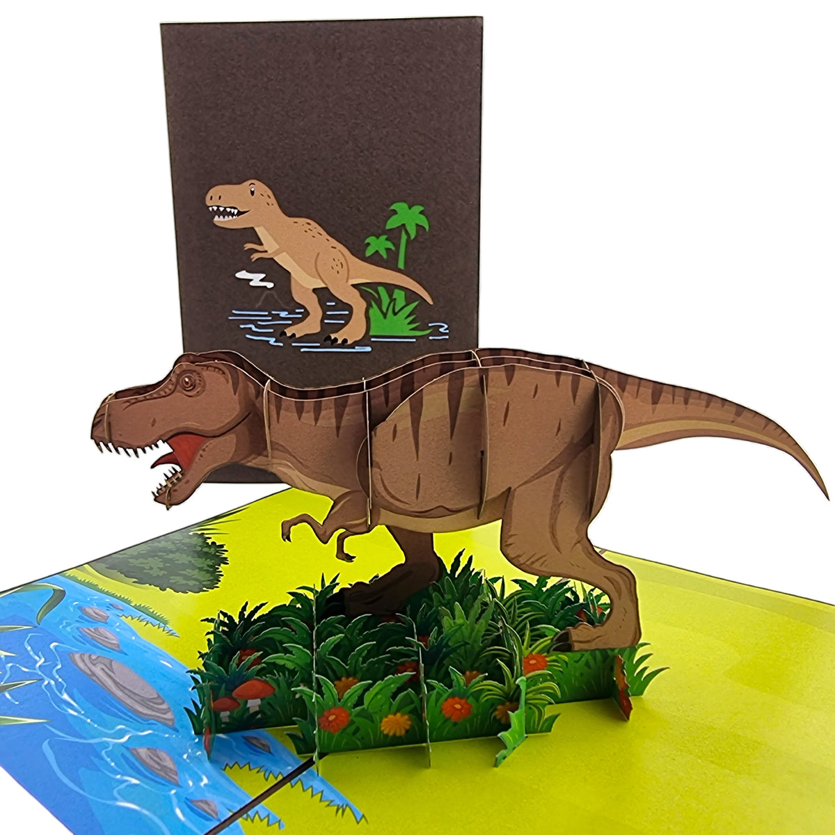 Color Pop Cards T-Rex dinosaur pop-up card with river and greenery. Cardstock construction.
