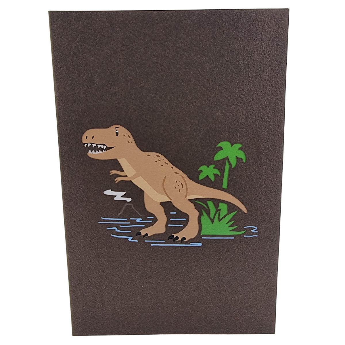 Color Pop Cards brown card featuring a T-Rex dinosaur, palm trees, and water. Perfect for kids.