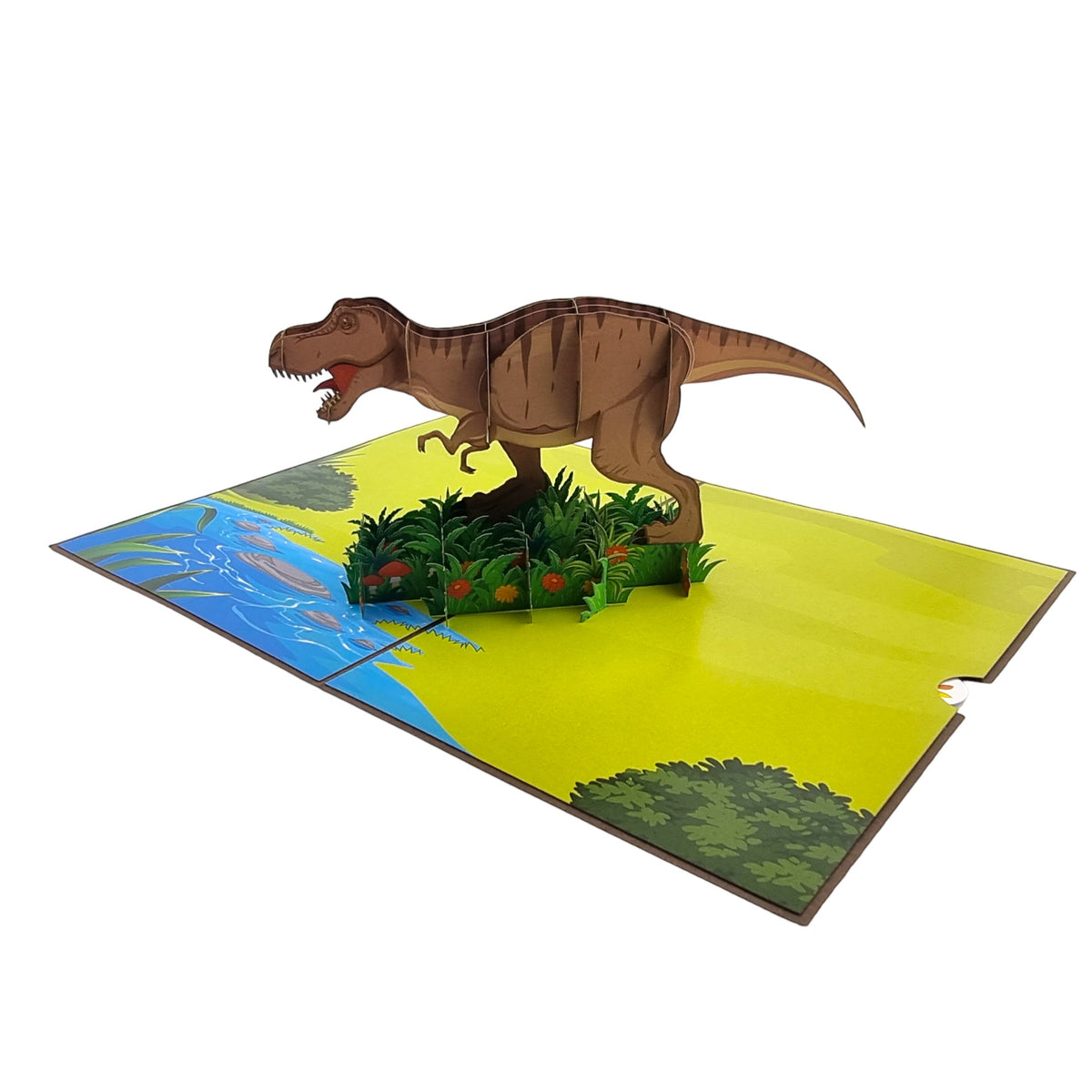 Color Pop Cards T-Rex dinosaur pop-up card with river and greenery. Cardstock construction.