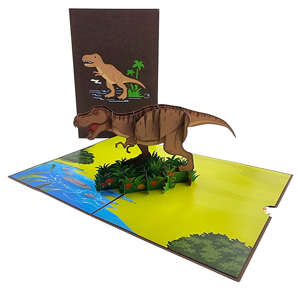 Color Pop Cards T-Rex dinosaur pop-up card with river and greenery scene. Cardstock, 12x18cm.