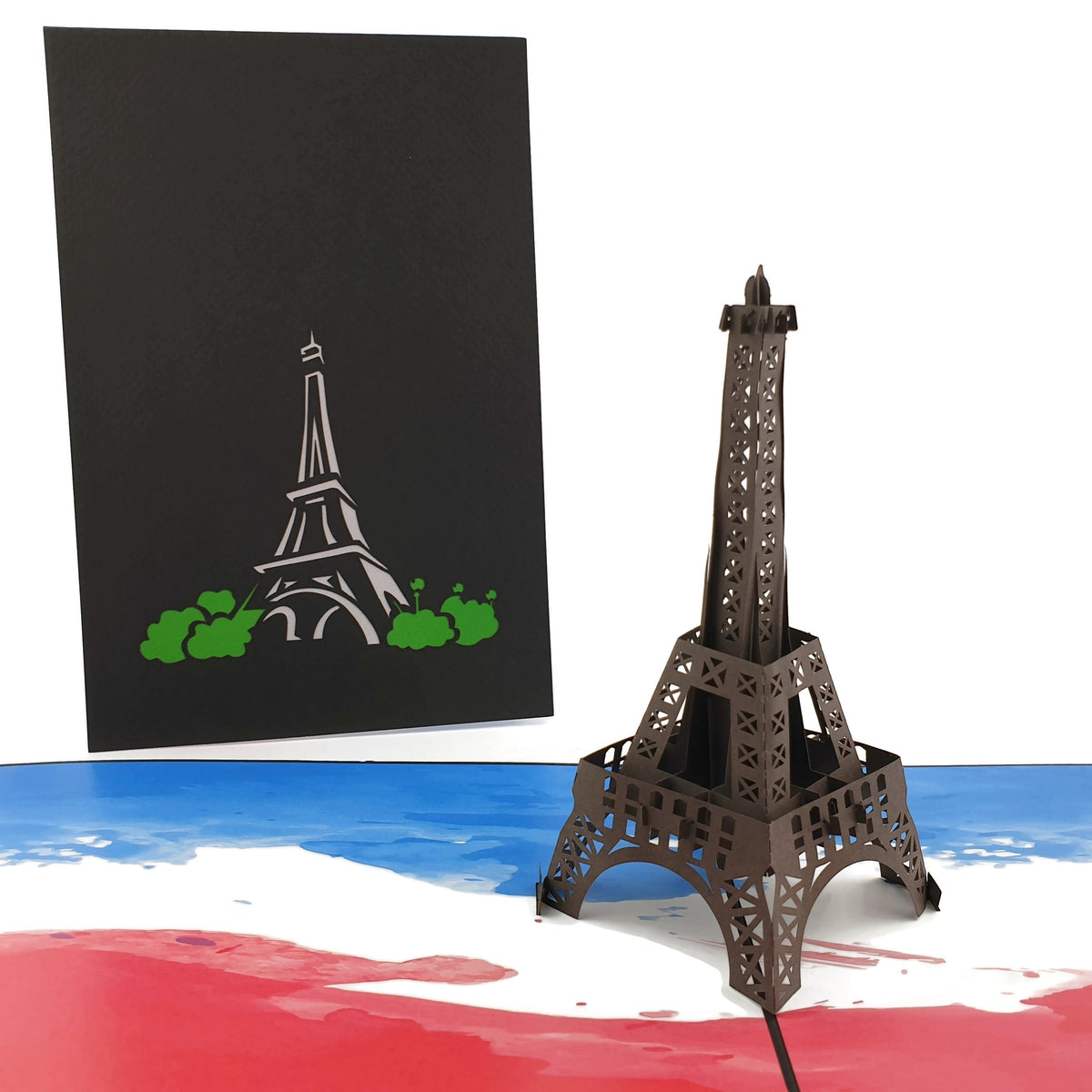 Color Pop Cards Eiffel Tower pop-up card with 3D replica and French flag background. Includes white envelope.