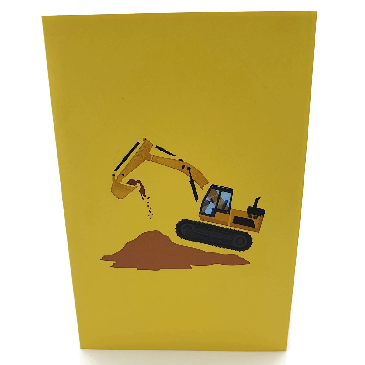 Color Pop Cards yellow pop-up card featuring a yellow excavator digging a pile of dirt.