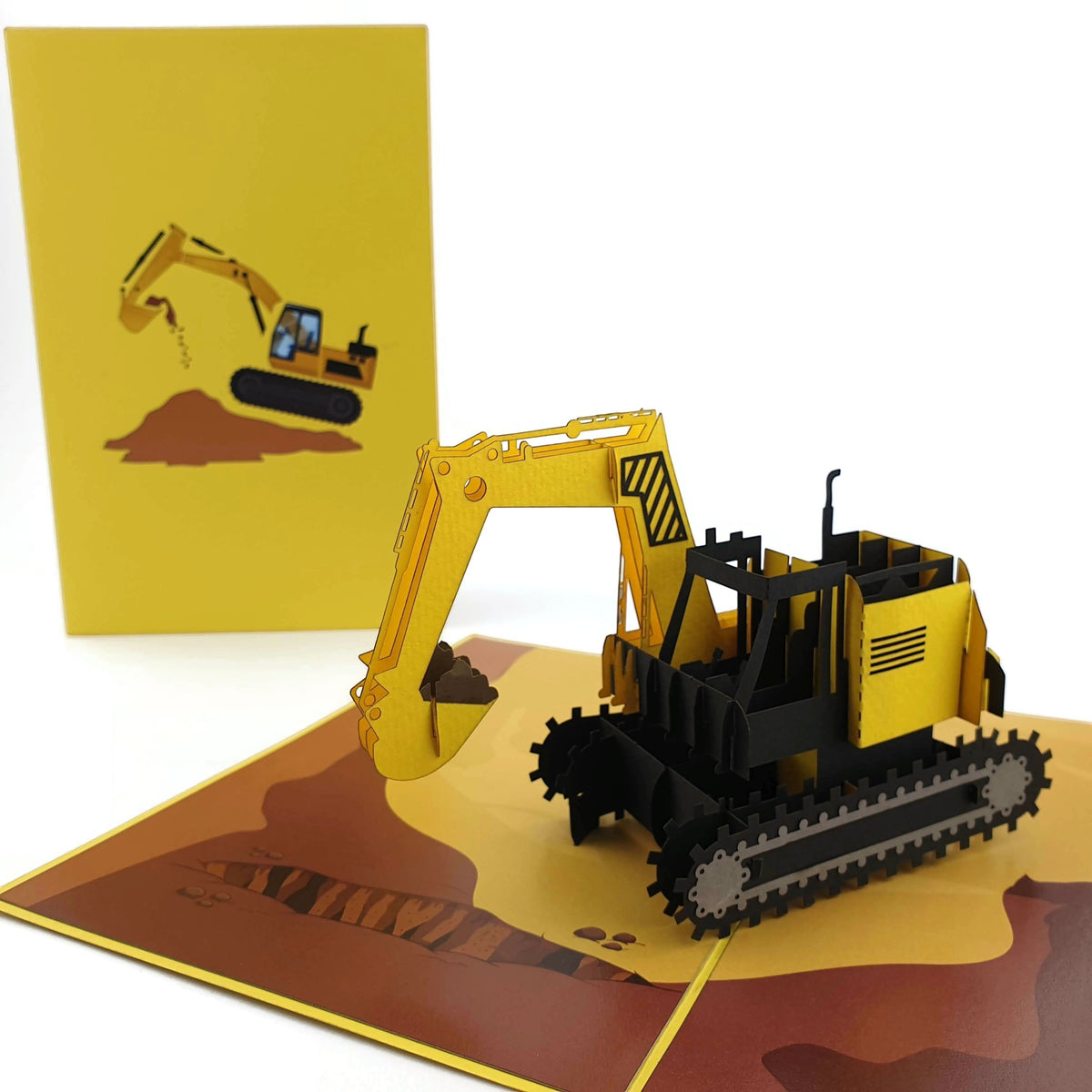 Color Pop Cards yellow and black 3D pop-up excavator card with movable bucket and detailed tracks.