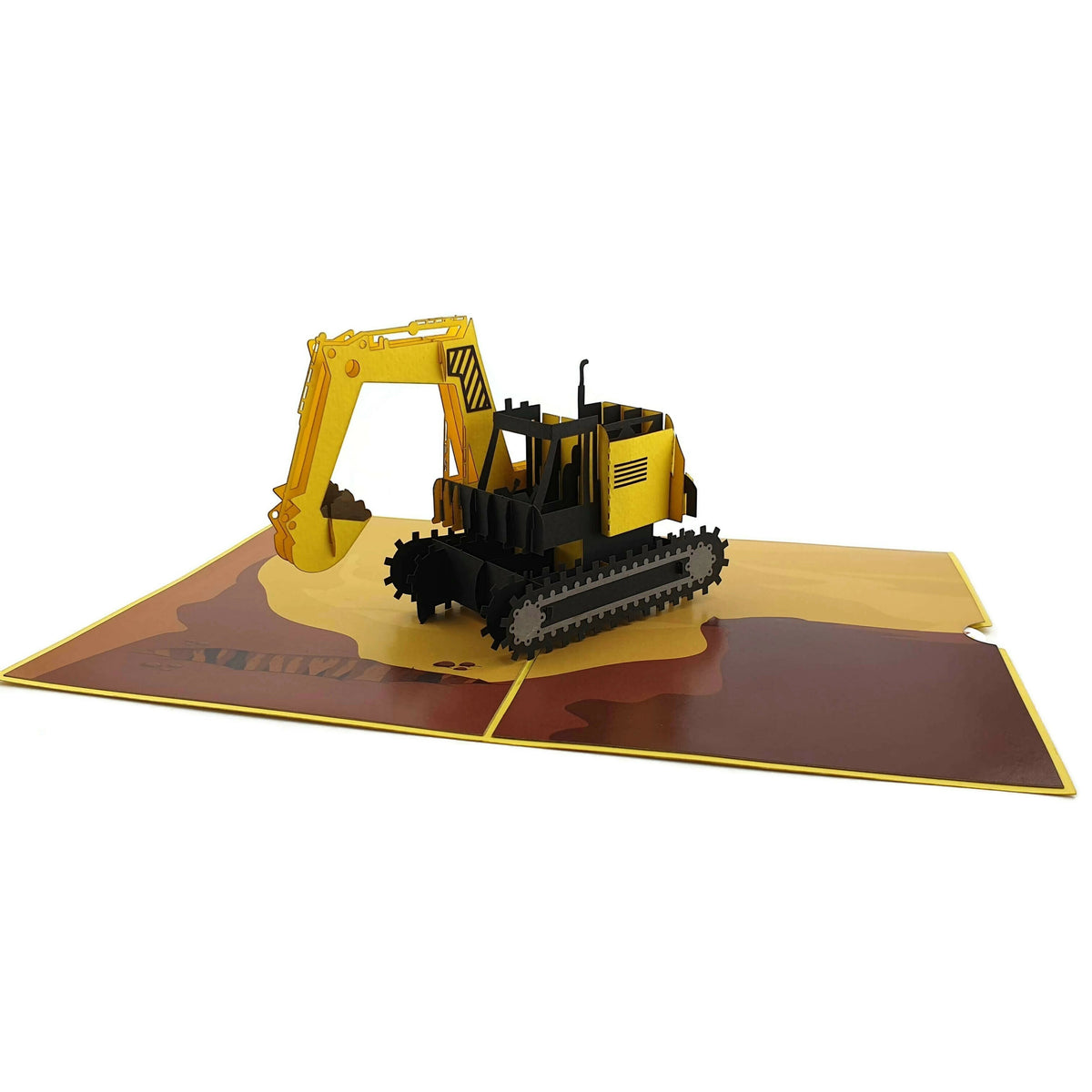 Color Pop Cards yellow and black construction excavator pop-up card with detailed papercraft and movable bucket.