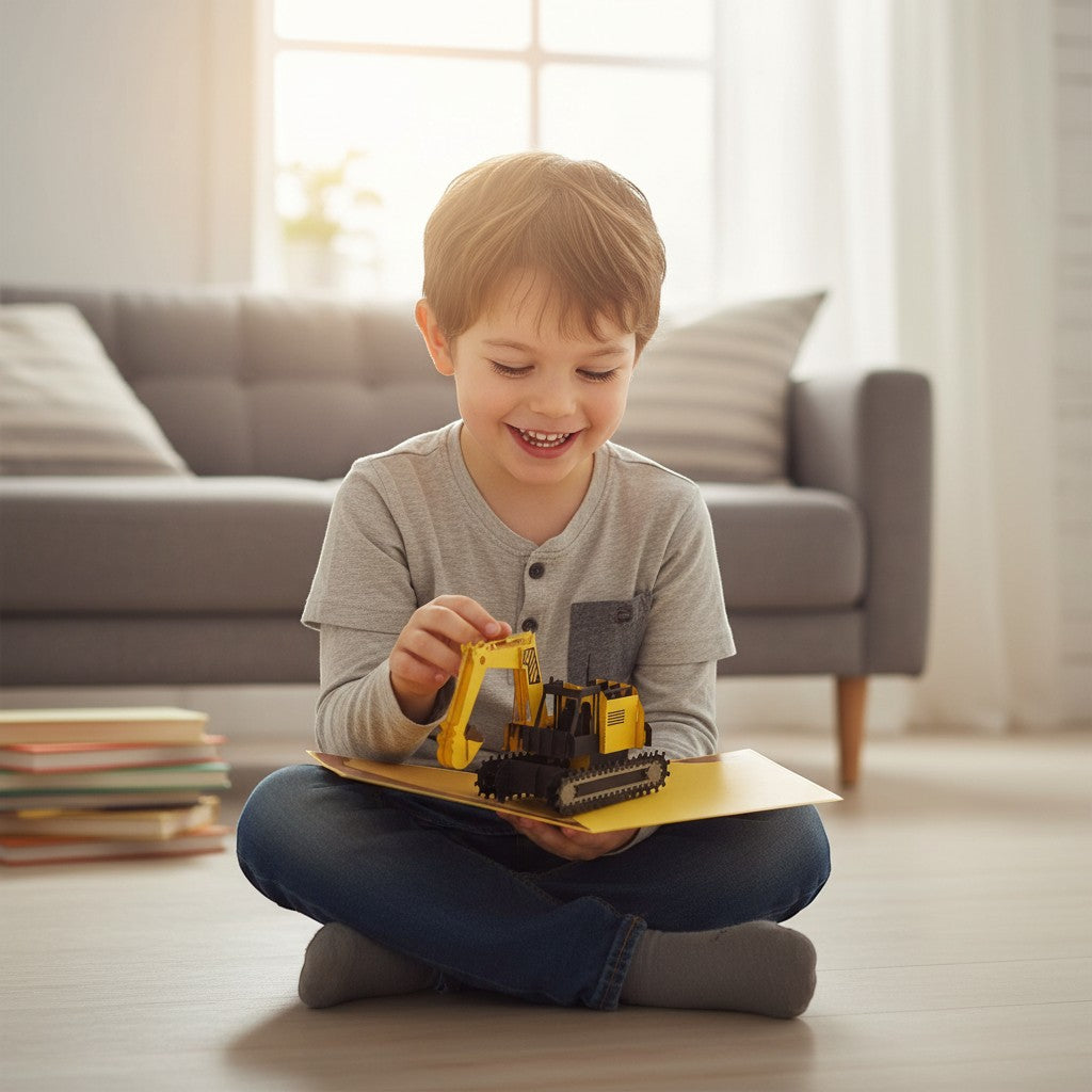 Color Pop Cards yellow and black construction excavator pop-up card with movable bucket, held by a smiling boy.