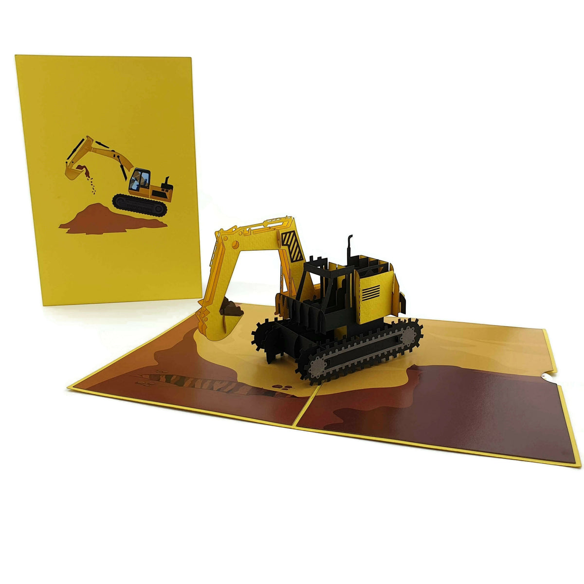 Color Pop Cards yellow and black 3D pop-up construction excavator card with movable bucket and tracks.