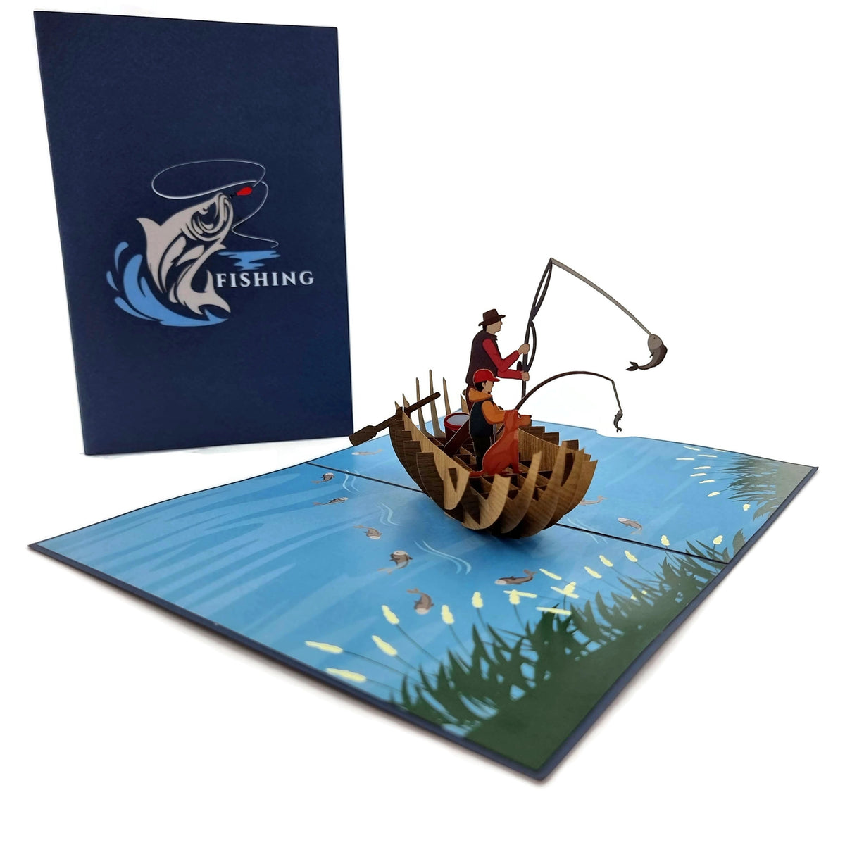 Color Pop Cards Fishing With Dad pop up card featuring a 3D boat with father, son, and dog fishing on a river.