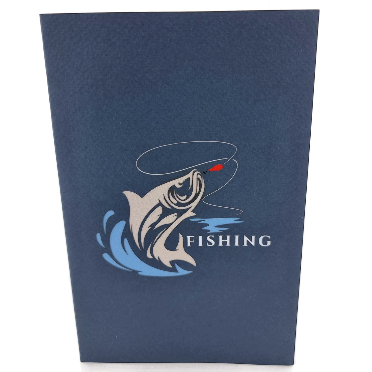 Color Pop Cards Fishing With Dad pop up card, navy blue with jumping fish graphic and the word Fishing.
