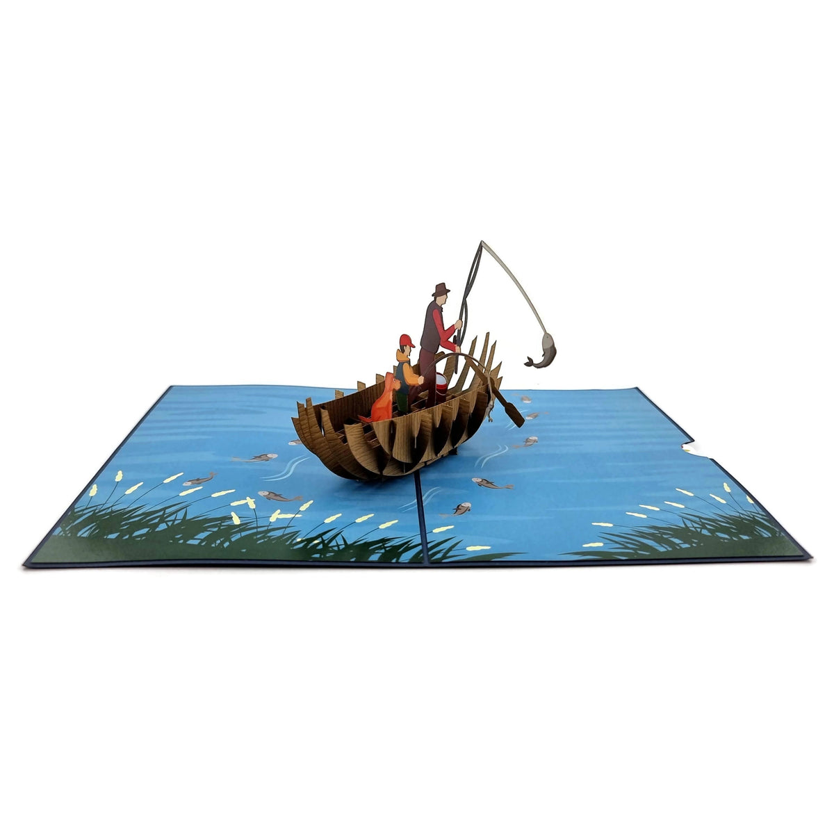 Color Pop Cards Fishing With Dad pop up card featuring a 3D boat with a father, son, and dog fishing on a blue river.