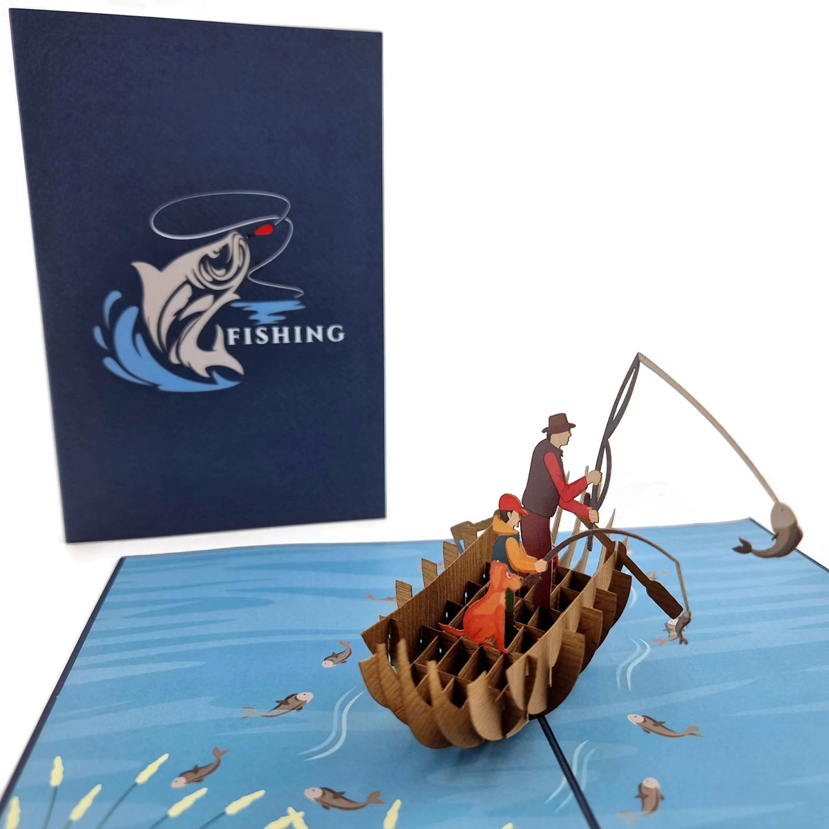 Color Pop Cards Fishing With Dad pop up card featuring a 3D boat scene with father, son, dog, and fish. Blue cover with fishing graphic.