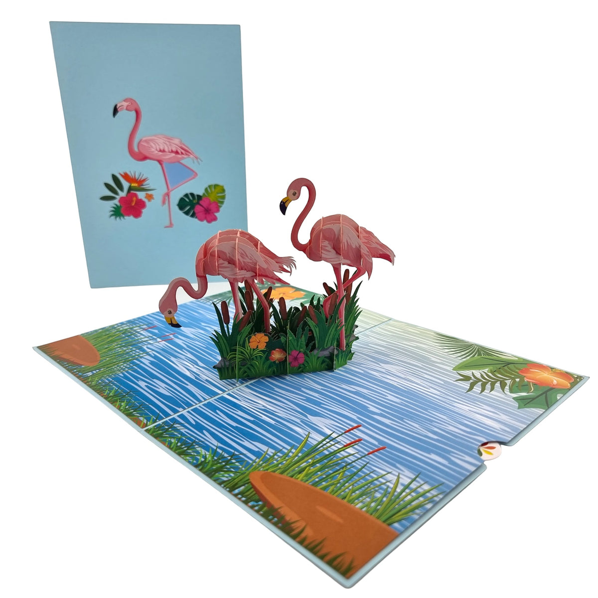 Color Pop Cards Flamingo Tropical Paradise pop-up card with two pink flamingos in water and foliage.