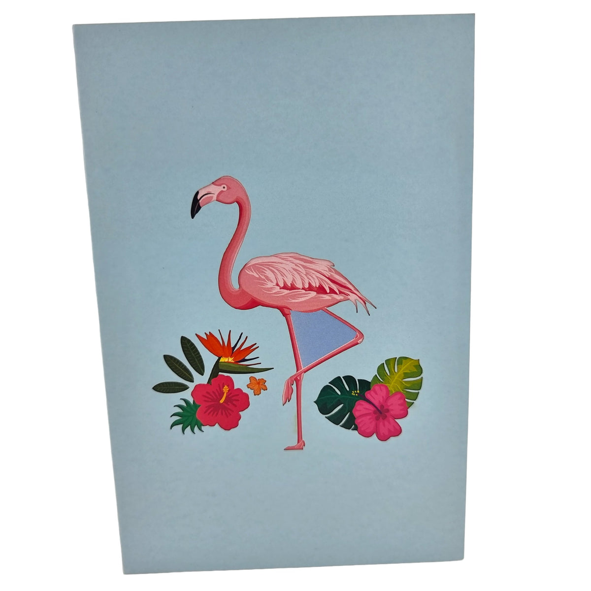 Color Pop Cards Flamingo Tropical Paradise Pop-Up Card with pink flamingos and tropical flowers on a light blue background.