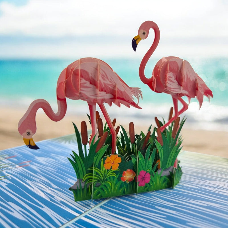 Color Pop Cards Flamingo Tropical Paradise pop-up card with two pink flamingos in lush green foliage and flowers.
