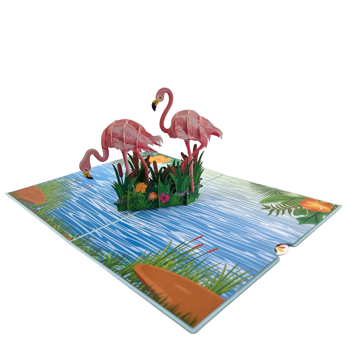 Color Pop Cards Flamingo Tropical Paradise pop-up card with two pink flamingos in water with grass and flowers.