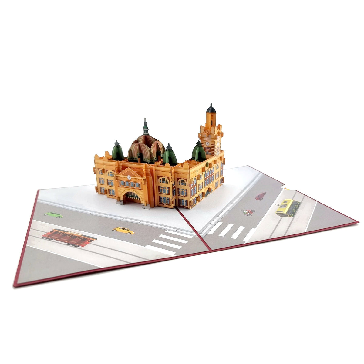 Color Pop Cards 3D pop-up card of Flinders Street Station, Melbourne, with a street scene and vehicles.
