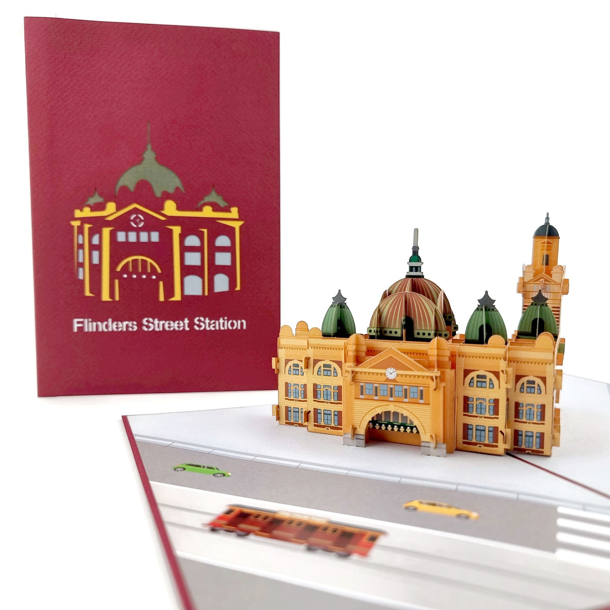 Color Pop Cards Flinders Street Station pop-up card featuring a 3D yellow building with green domes and a red cover with station silhouette.