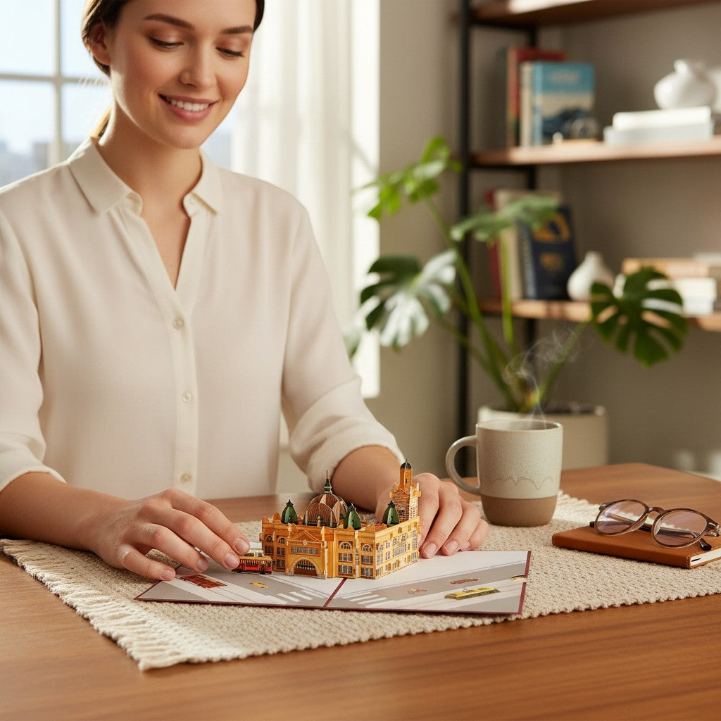 Color Pop Cards Flinders Street Station pop-up card, a detailed 3D paper model of the iconic Melbourne landmark.