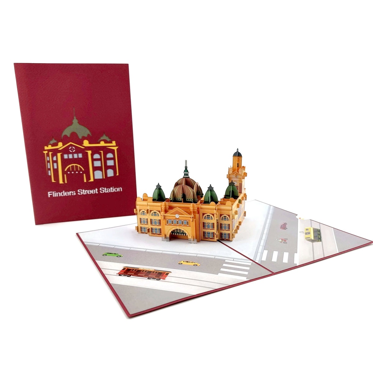 Color Pop Cards Flinders Street Station pop-up card featuring a 3D model of the Melbourne landmark with a red cover.