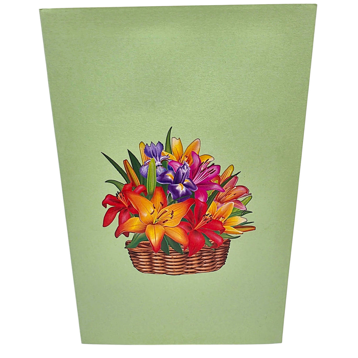 Color Pop Cards floral basket pop-up card with lilies and irises in red, orange, yellow, and purple.