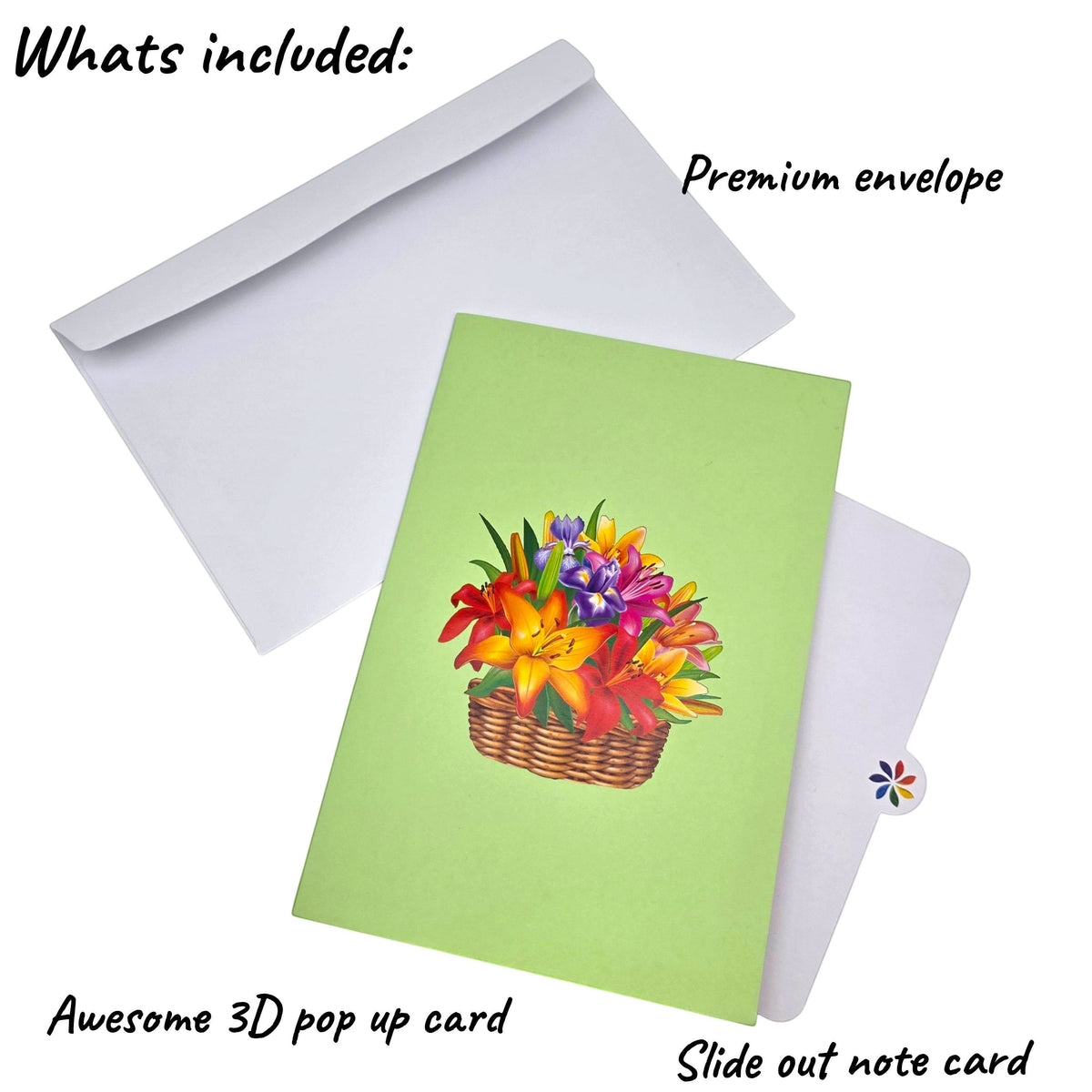 Color Pop Cards floral basket pop-up card with lilies and irises, includes envelope and note card.