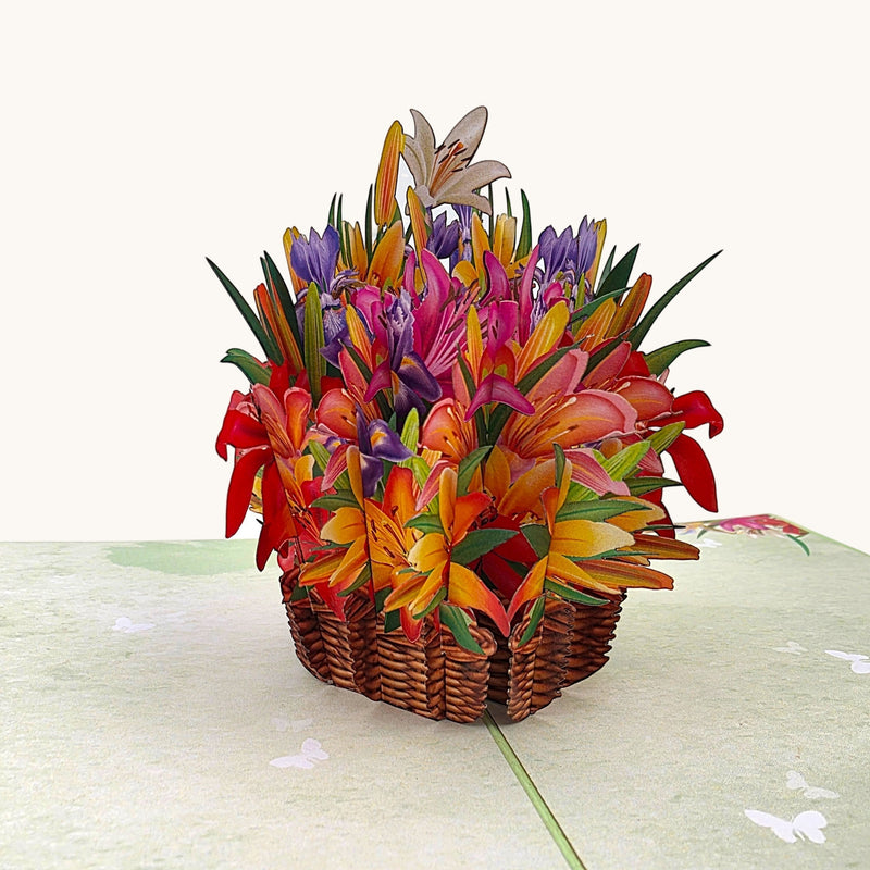 Color Pop Cards floral basket pop-up card with lilies and irises in red, orange, pink, purple, and yellow.