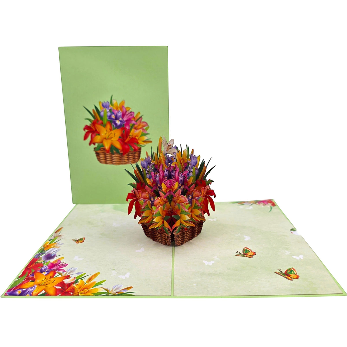 Color Pop Cards floral basket pop-up card with lilies and irises in vibrant colors, includes envelope.