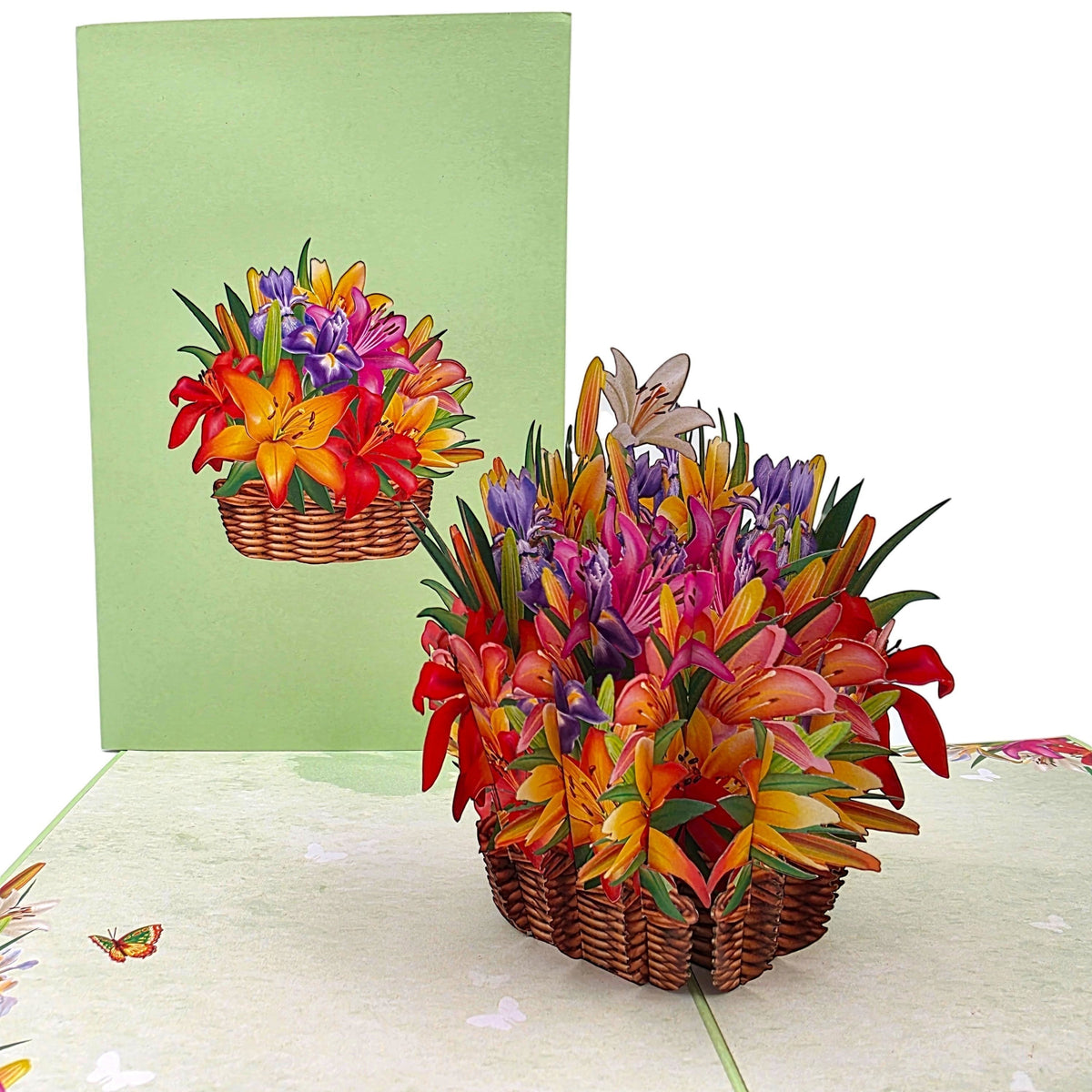 Color Pop Cards floral basket pop-up card with lilies and irises in vibrant colors, 12x18cm.