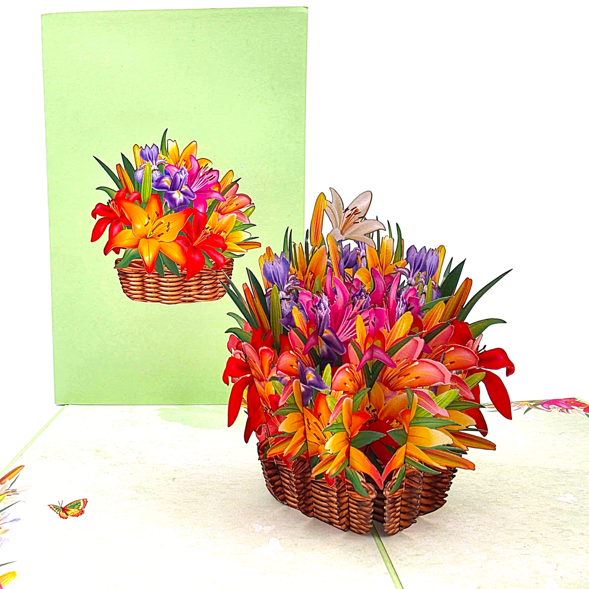 Color Pop Cards floral basket pop-up card with lilies and irises in vibrant colors, 12x18cm.