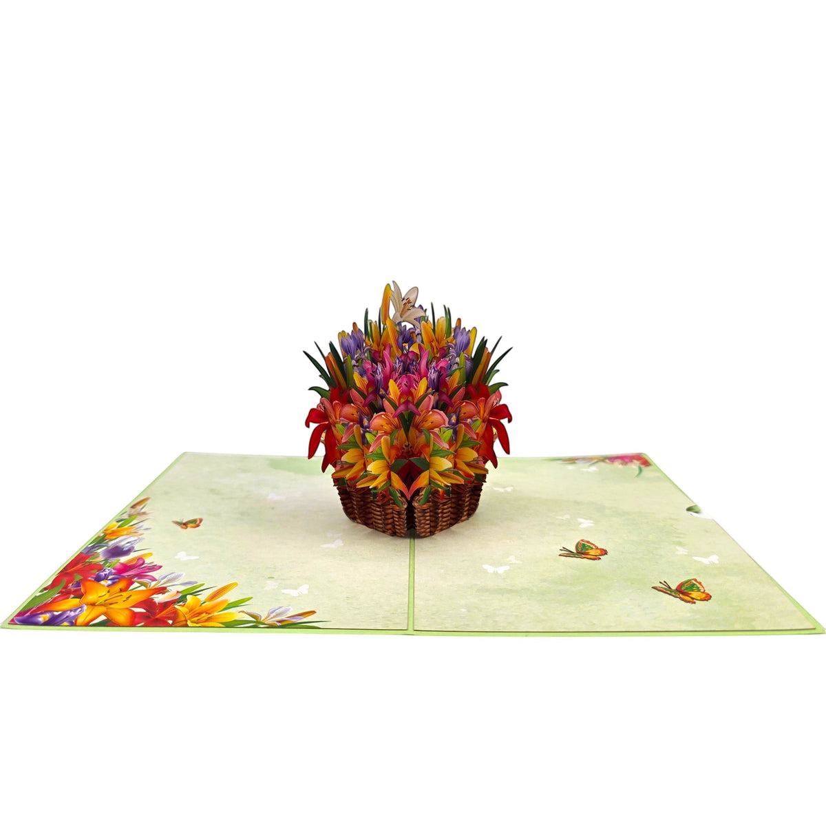 Color Pop Cards floral basket pop-up card with lilies and irises in vibrant colors, includes envelope.