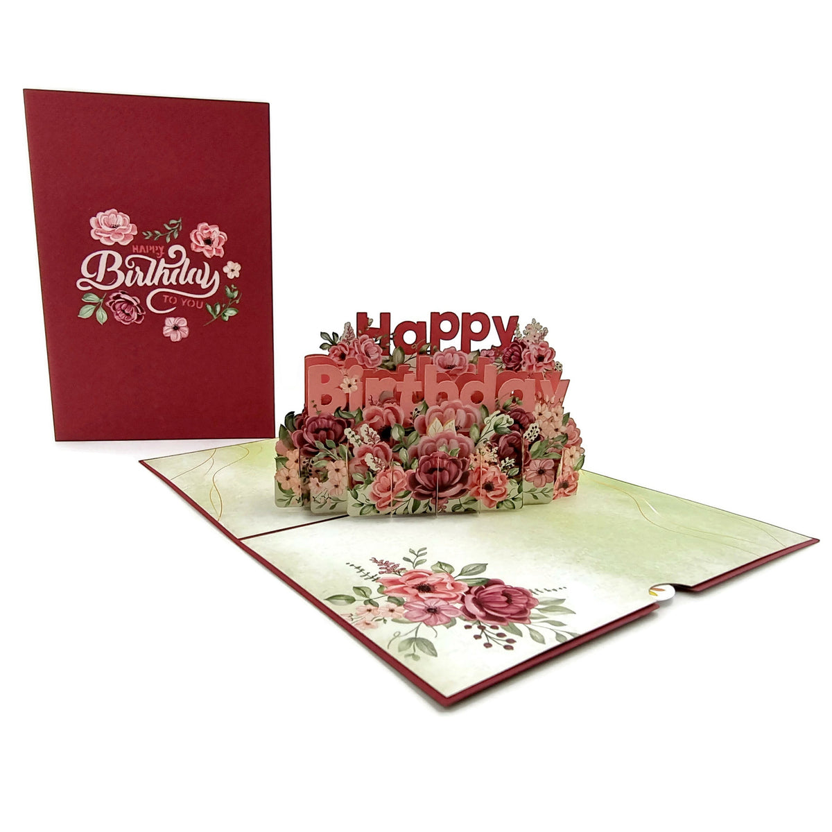 Color Pop Cards floral birthday pop up card with 3D flowers and "Happy Birthday" message. Red exterior.