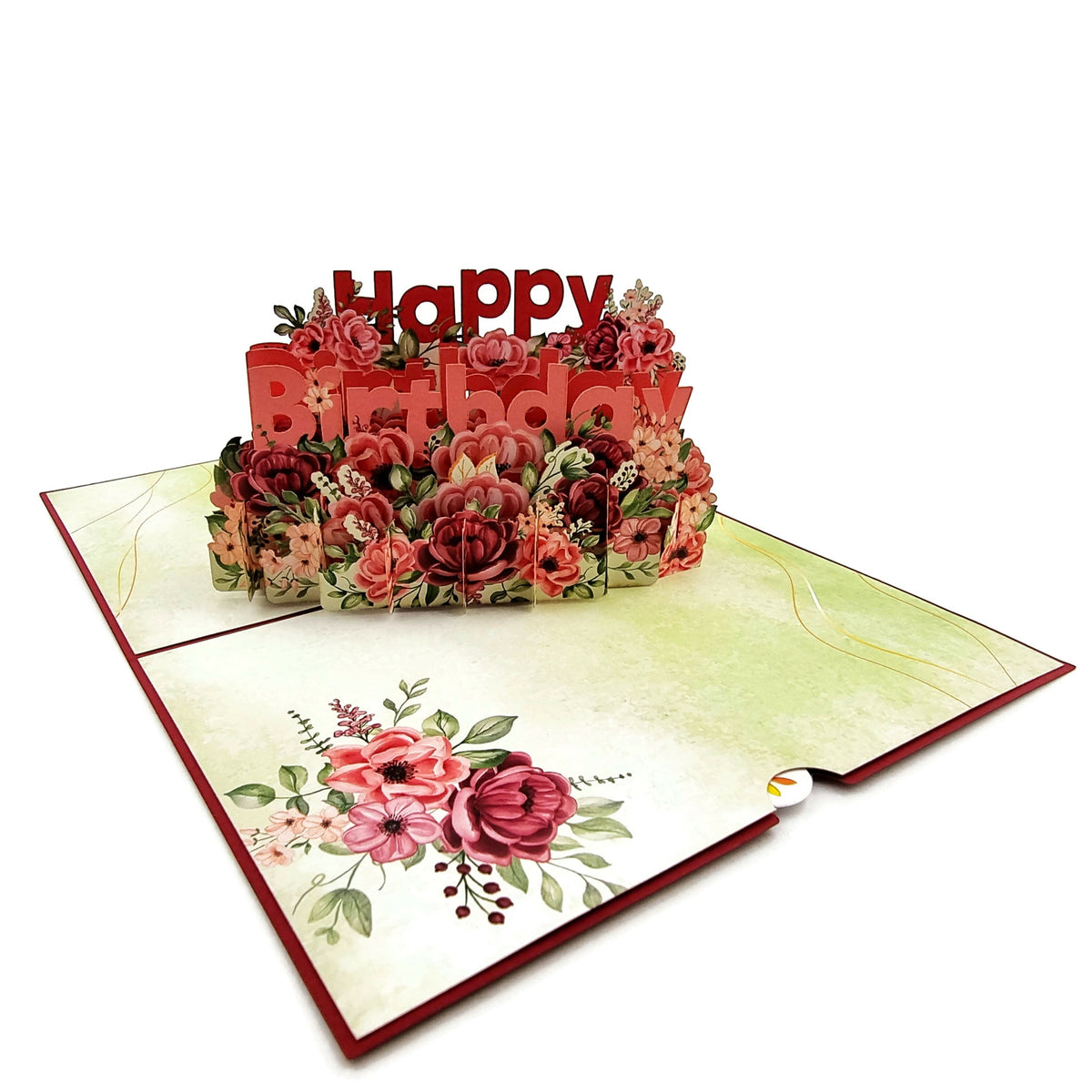 Color Pop Cards floral birthday pop up card with red 3D flowers and "Happy Birthday" message.
