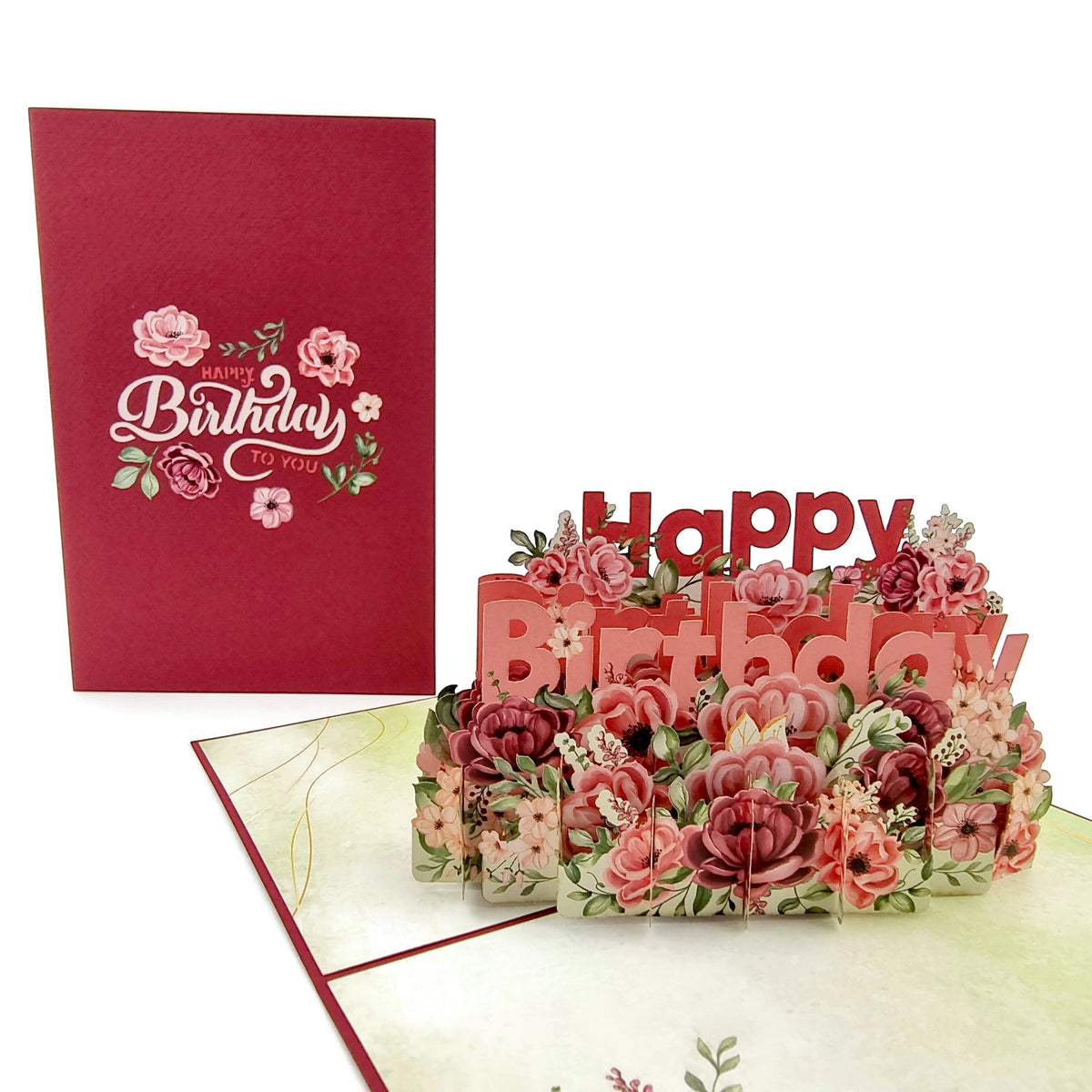 Color Pop Cards deep red floral birthday pop up card with 3D "Happy Birthday" message and paper flowers.