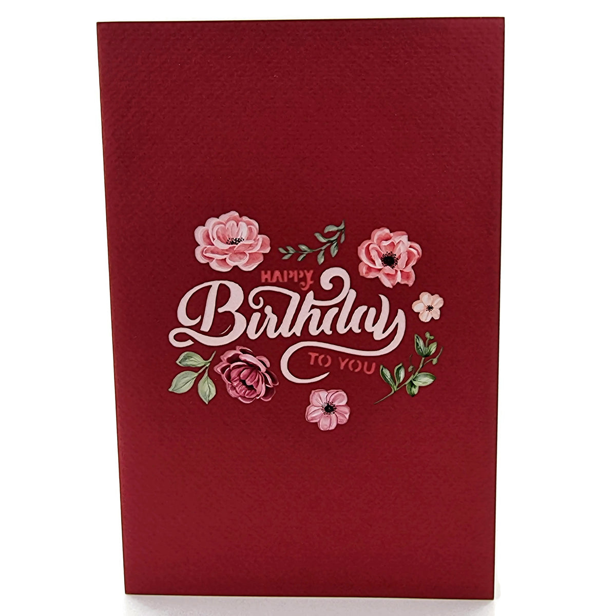 Color Pop Cards deep red floral birthday pop up card with "Happy Birthday To You" text and pink flowers.