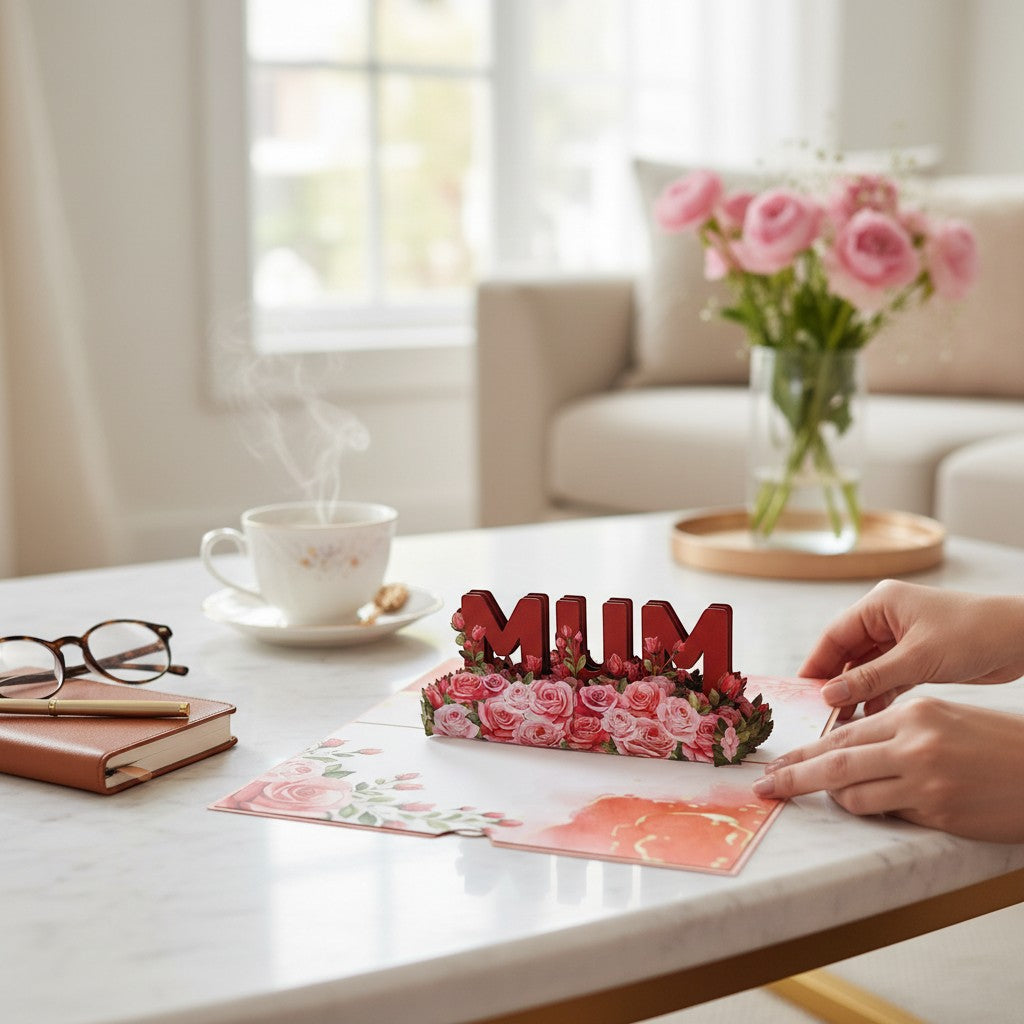 Color Pop Cards floral mum pop up card with 3D red letters surrounded by pink roses.