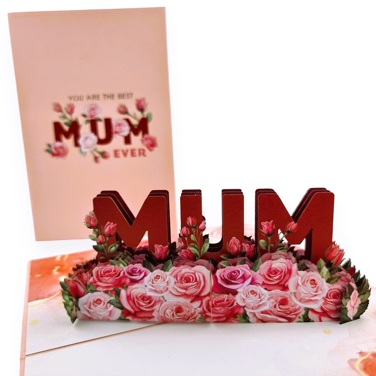Color Pop Cards floral pop up card for Mum, featuring 3D red letters surrounded by pink and white roses.