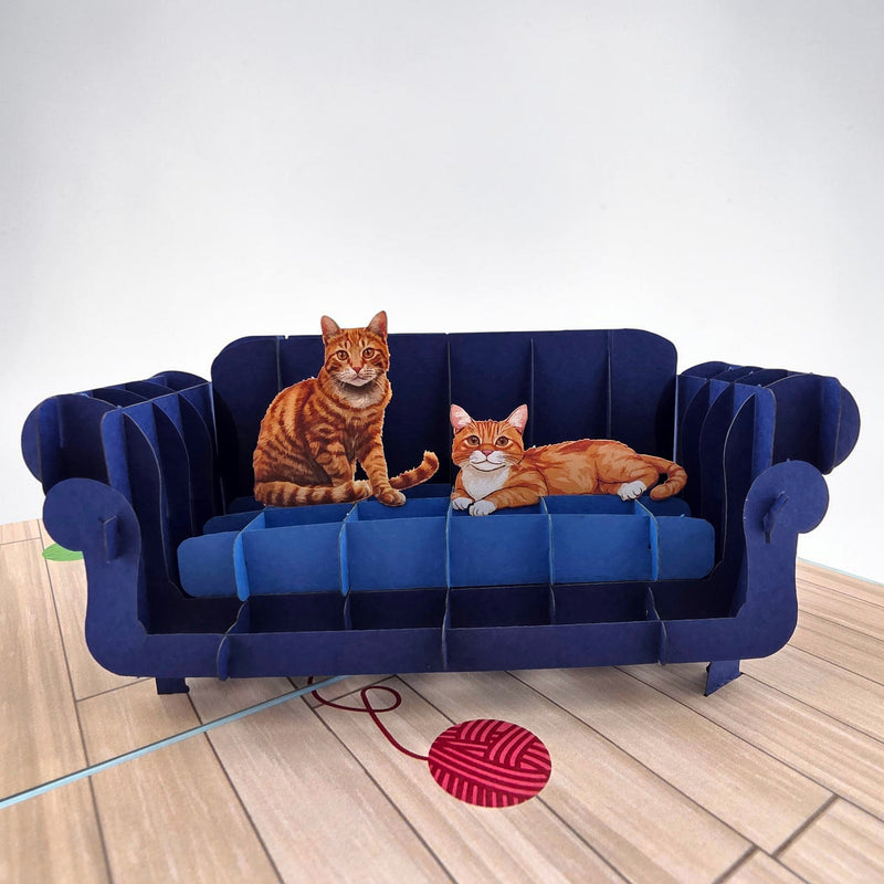Color Pop Cards blue pop-up card with two ginger cats on a navy sofa, yarn ball on floor.