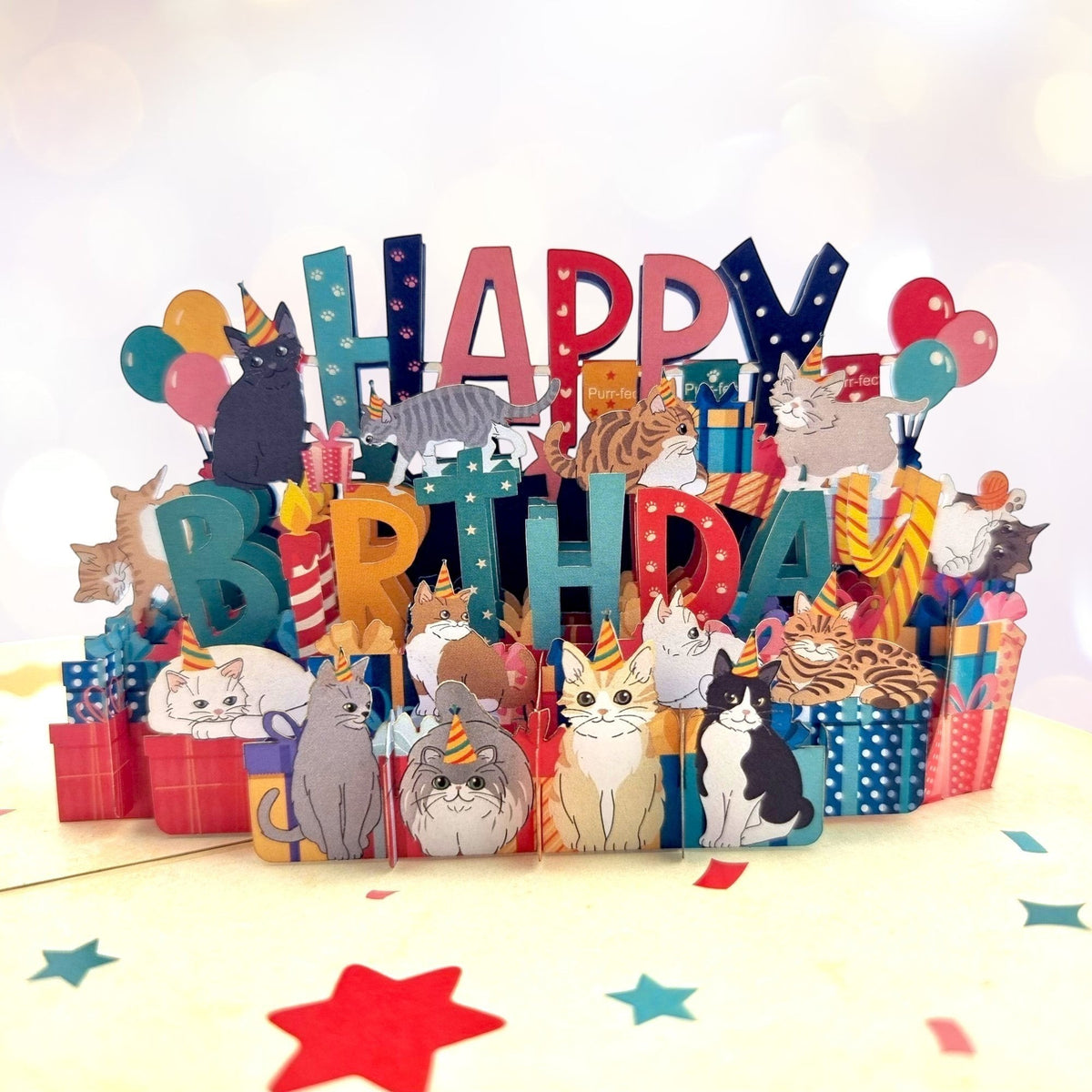Color Pop Cards Happy Birthday pop-up card with cats, balloons, presents, and candles. Features 3D cats wearing party hats.