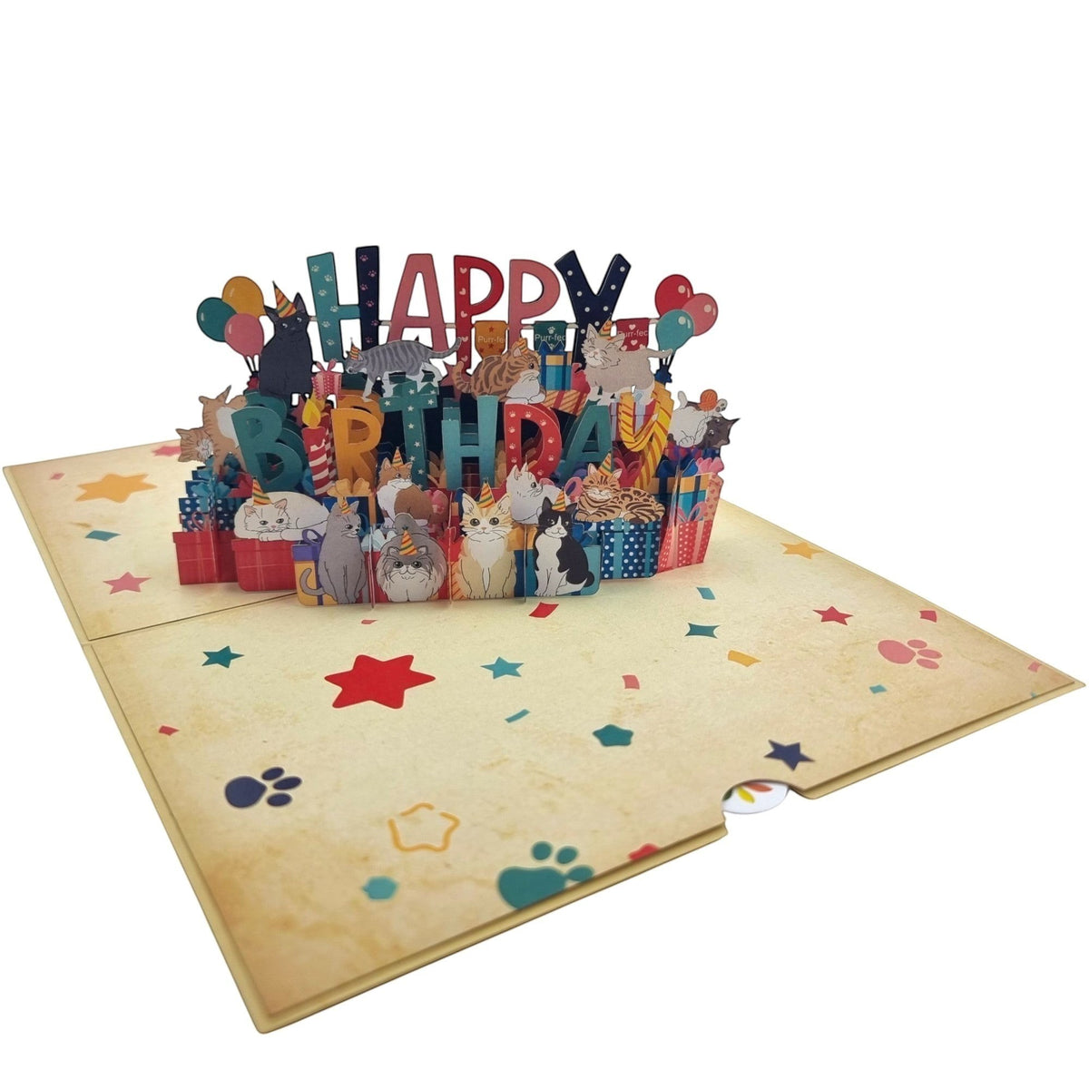 Color Pop Cards Happy Birthday pop-up card featuring playful cats, balloons, and presents. 12 x 18 cm.