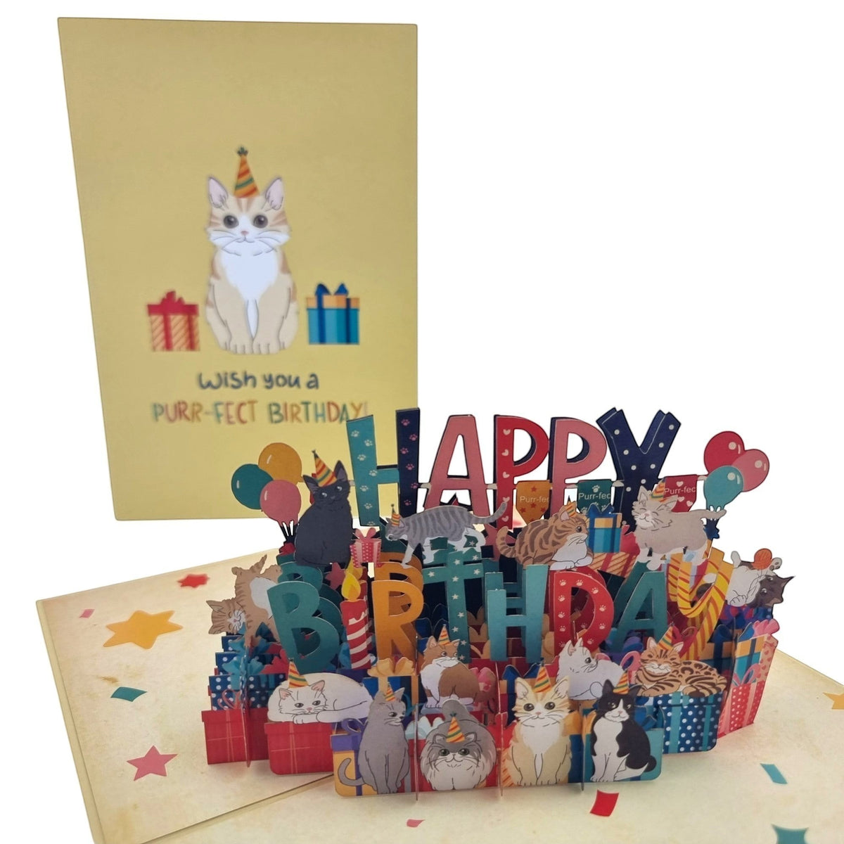 Color Pop Cards Happy Birthday pop-up card with playful cats, balloons, and presents. Features 3D design.